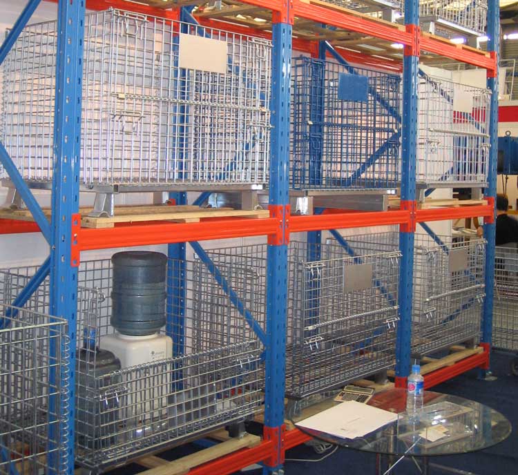 collapsible wire container on pallet rack