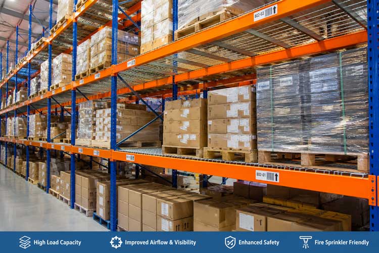 orange beam pallet racking equipped with galvanized wire mesh decking