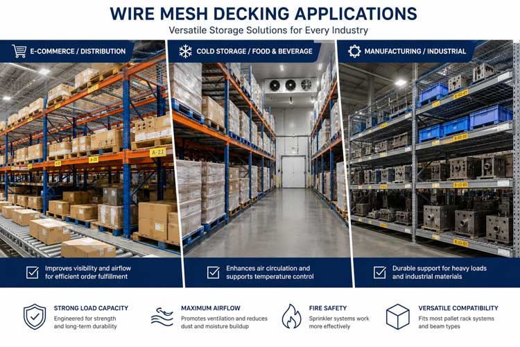 Warehouse application montage showing e-commerce, cold storage, and manufacturing racks using wire mesh decking.