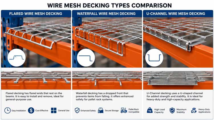 Side-by-side comparison illustration of Flared, Waterfall, and U-Channel wire mesh decking types.