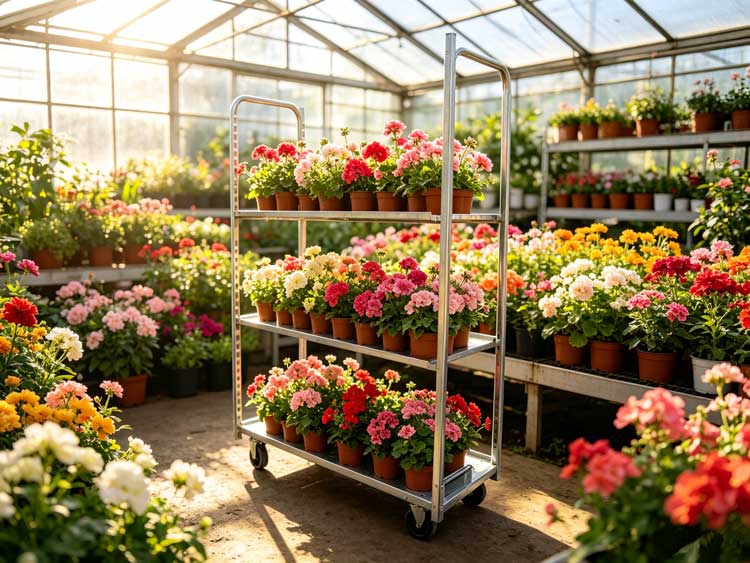 Metal Flower Trolley for Greenhouse | Foldable Galvanized Nursery Trolley